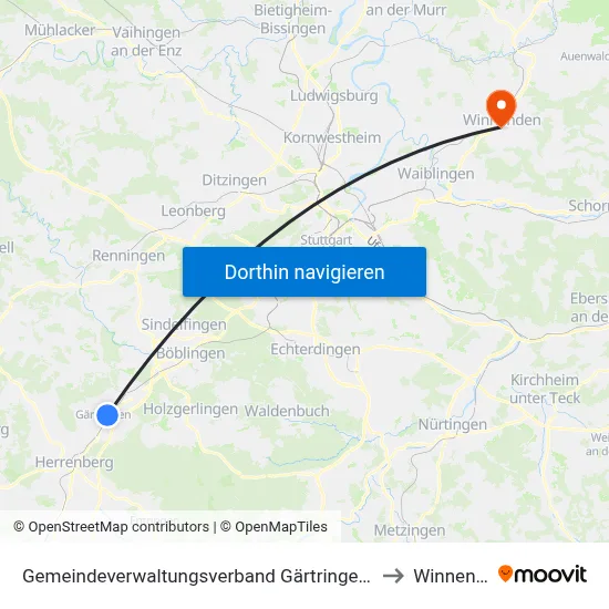 Gemeindeverwaltungsverband Gärtringen/Ehningen to Winnenden map