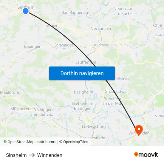 Sinsheim to Winnenden map