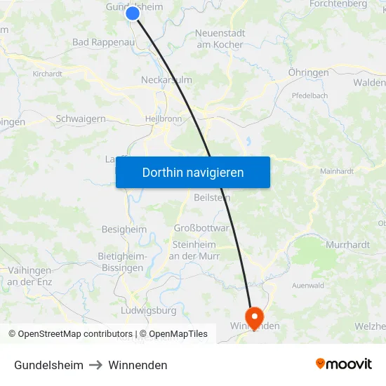 Gundelsheim to Winnenden map