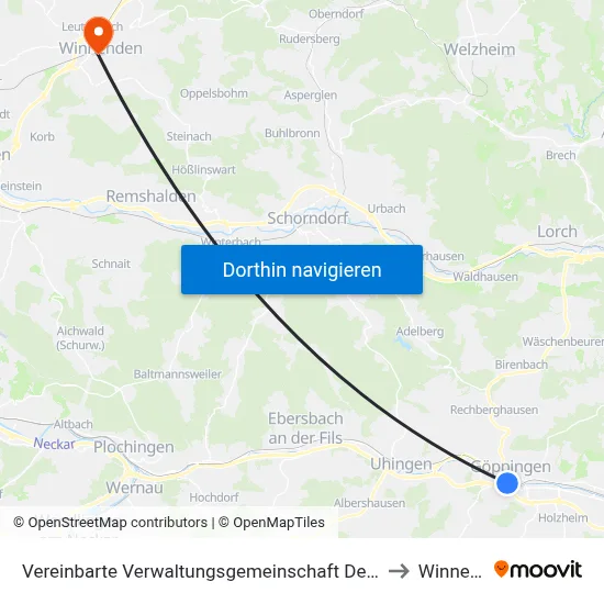 Vereinbarte Verwaltungsgemeinschaft Der Stadt Göppingen to Winnenden map