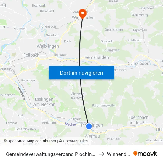 Gemeindeverwaltungsverband Plochingen to Winnenden map