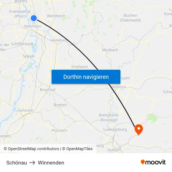 Schönau to Winnenden map