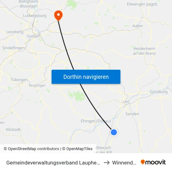 Gemeindeverwaltungsverband Laupheim to Winnenden map