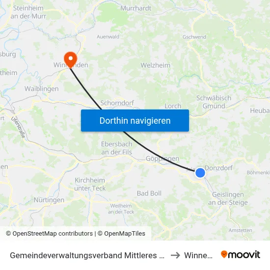 Gemeindeverwaltungsverband Mittleres Fils-Lautertal to Winnenden map
