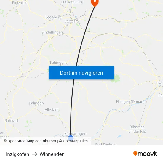 Inzigkofen to Winnenden map