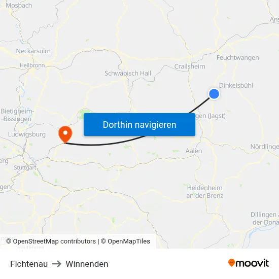 Fichtenau to Winnenden map