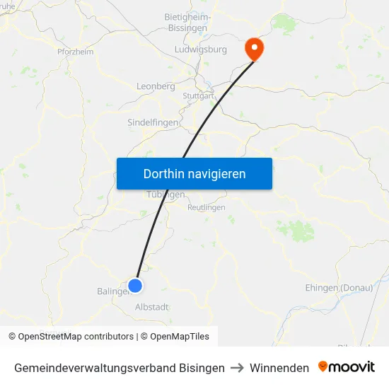Gemeindeverwaltungsverband Bisingen to Winnenden map