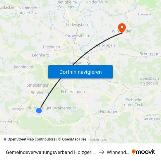 Gemeindeverwaltungsverband Holzgerlingen to Winnenden map