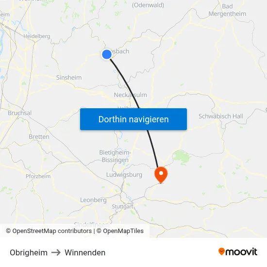 Obrigheim to Winnenden map