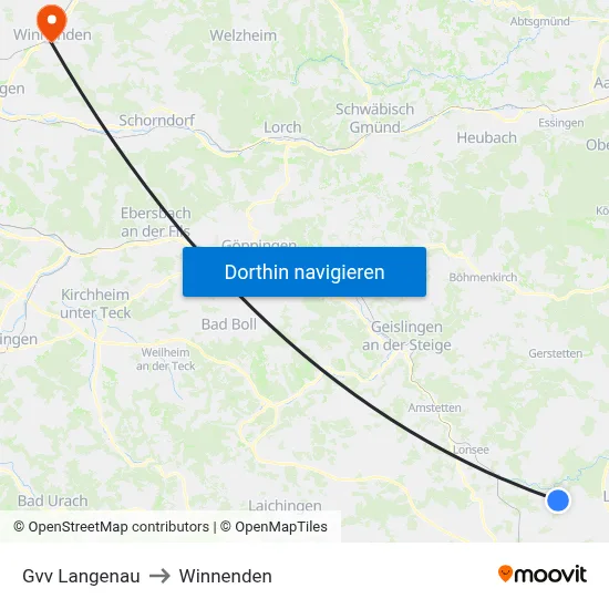 Gvv Langenau to Winnenden map