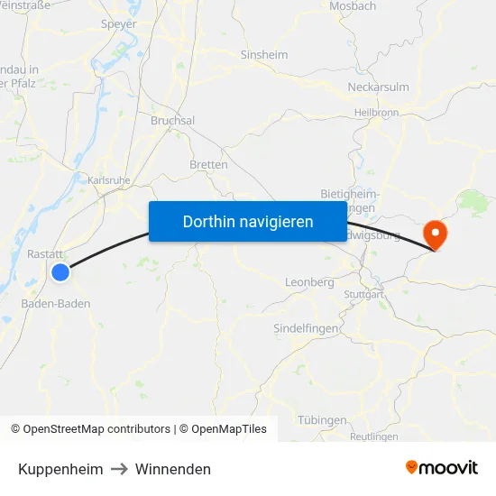 Kuppenheim to Winnenden map