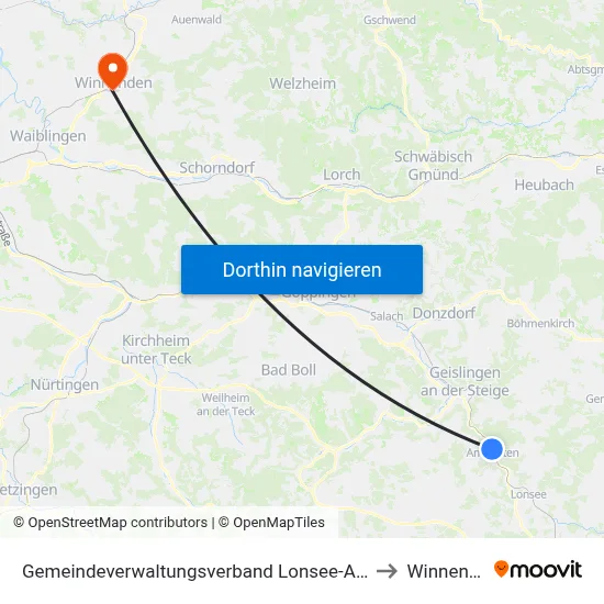 Gemeindeverwaltungsverband Lonsee-Amstetten to Winnenden map