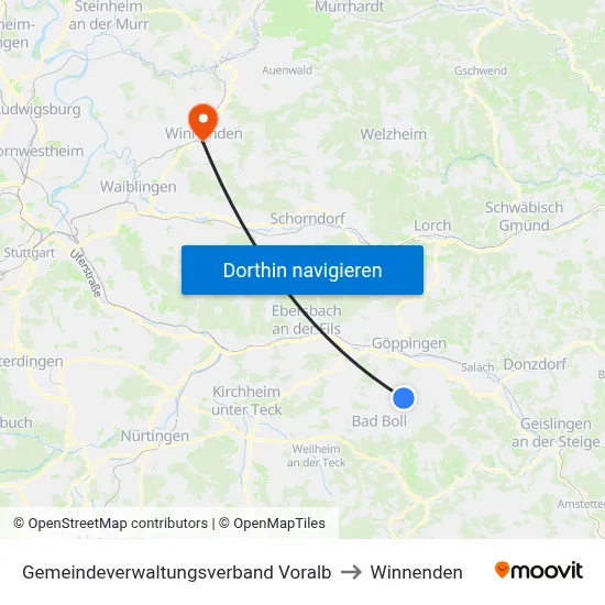 Gemeindeverwaltungsverband Voralb to Winnenden map