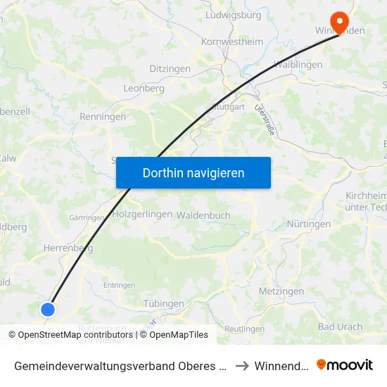 Gemeindeverwaltungsverband Oberes Gäu to Winnenden map