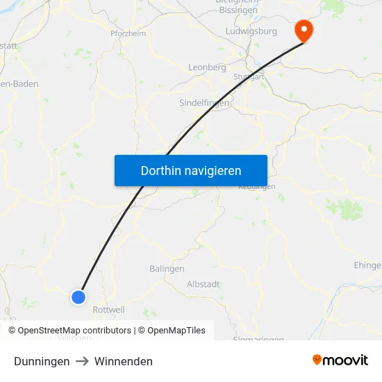 Dunningen to Winnenden map