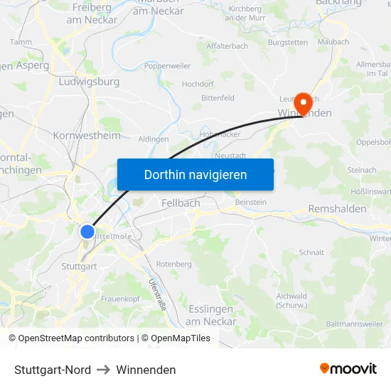 Stuttgart-Nord to Winnenden map