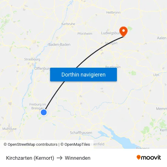 Kirchzarten (Kernort) to Winnenden map