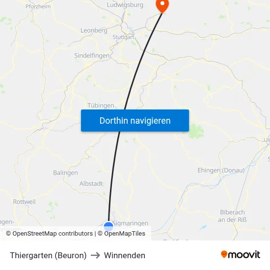 Thiergarten (Beuron) to Winnenden map
