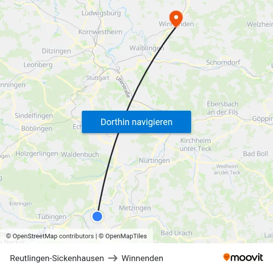 Reutlingen-Sickenhausen to Winnenden map