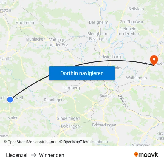 Liebenzell to Winnenden map