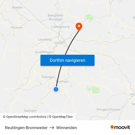 Reutlingen-Bronnweiler to Winnenden map