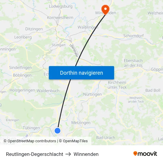 Reutlingen-Degerschlacht to Winnenden map
