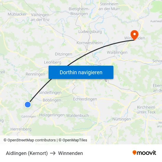 Aidlingen (Kernort) to Winnenden map