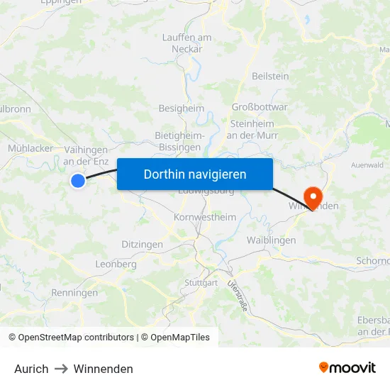 Aurich to Winnenden map