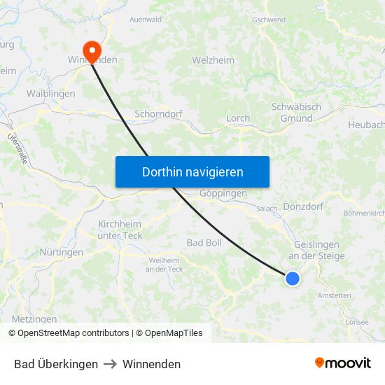 Bad Überkingen to Winnenden map