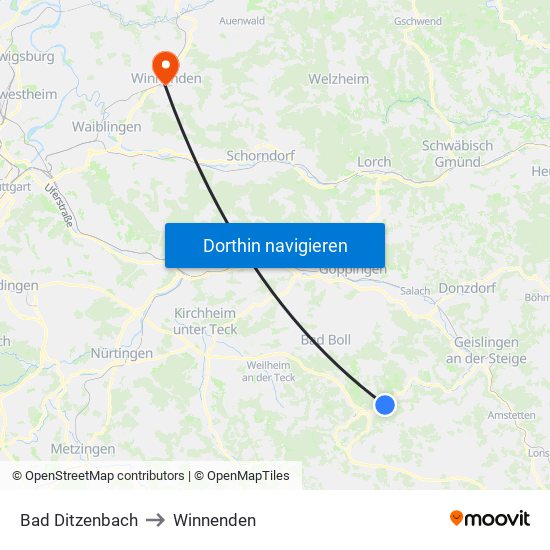 Bad Ditzenbach to Winnenden map