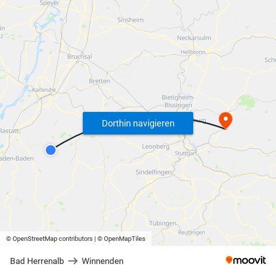 Bad Herrenalb to Winnenden map