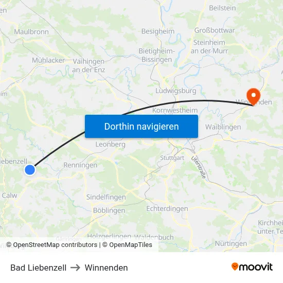 Bad Liebenzell to Winnenden map