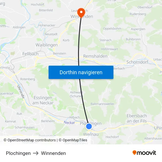 Plochingen to Winnenden map