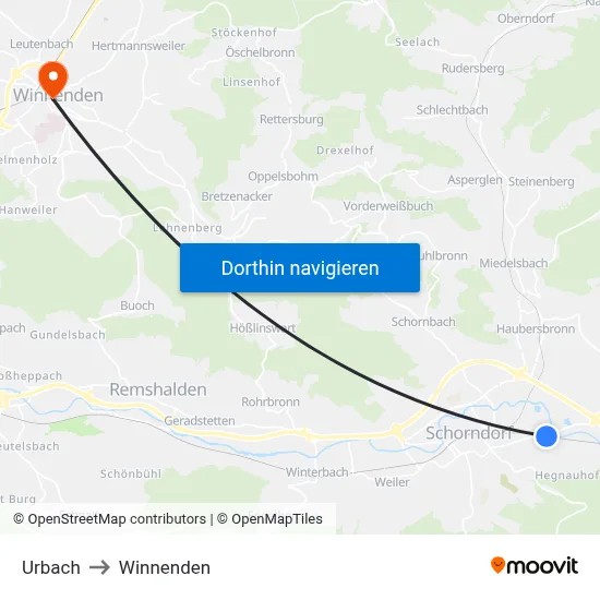 Urbach to Winnenden map