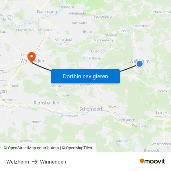 Welzheim to Winnenden map