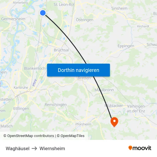Waghäusel to Wiernsheim map