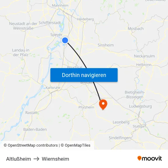 Altlußheim to Wiernsheim map