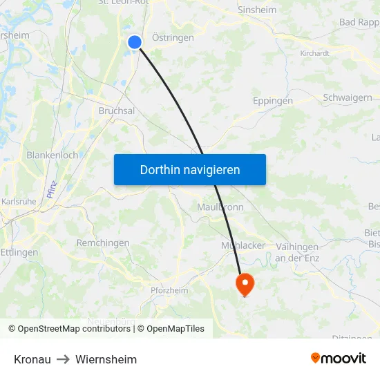 Kronau to Wiernsheim map