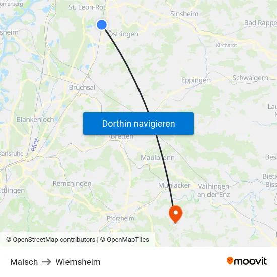 Malsch to Wiernsheim map