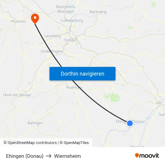 Ehingen (Donau) to Wiernsheim map
