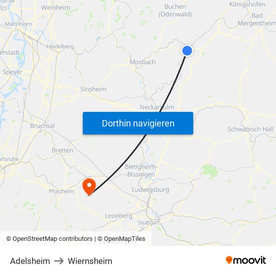 Adelsheim to Wiernsheim map