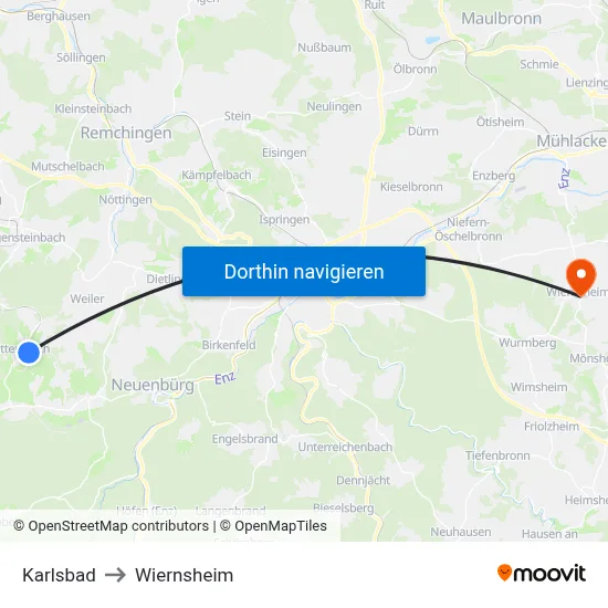 Karlsbad to Wiernsheim map