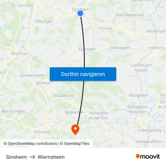 Sinsheim to Wiernsheim map