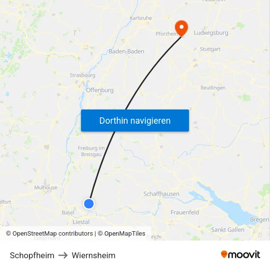 Schopfheim to Wiernsheim map
