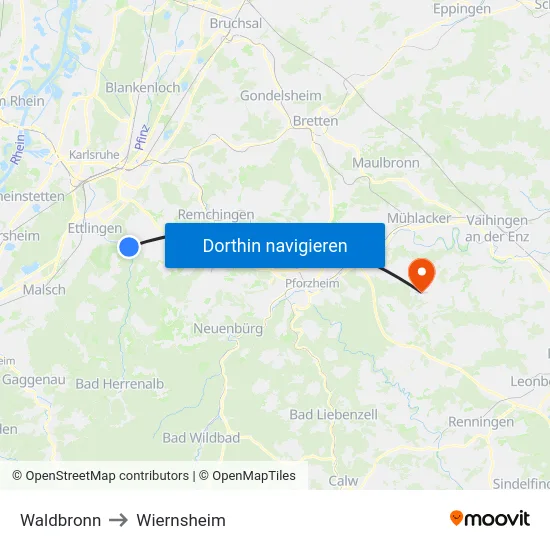 Waldbronn to Wiernsheim map