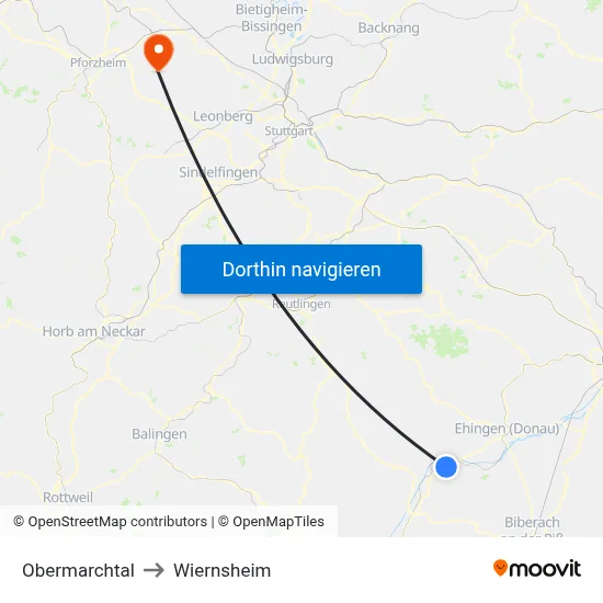 Obermarchtal to Wiernsheim map