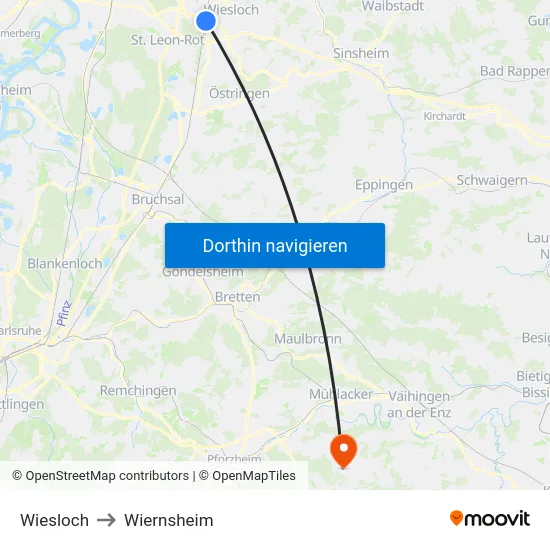 Wiesloch to Wiernsheim map