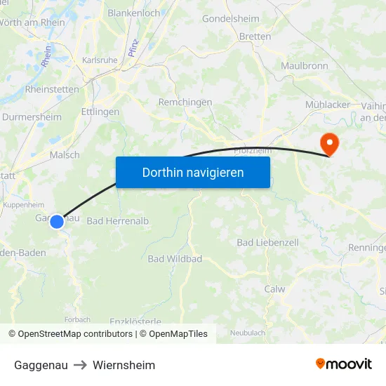 Gaggenau to Wiernsheim map