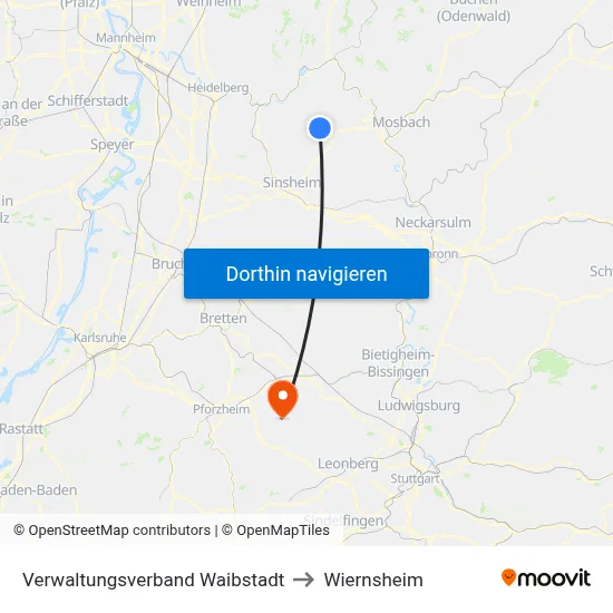 Verwaltungsverband Waibstadt to Wiernsheim map