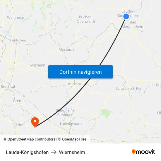 Lauda-Königshofen to Wiernsheim map